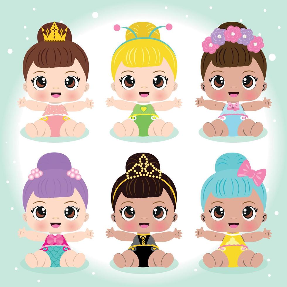 cartoon schattige kleine multiculturele meisjes met verschillende kapsels en jurken vector