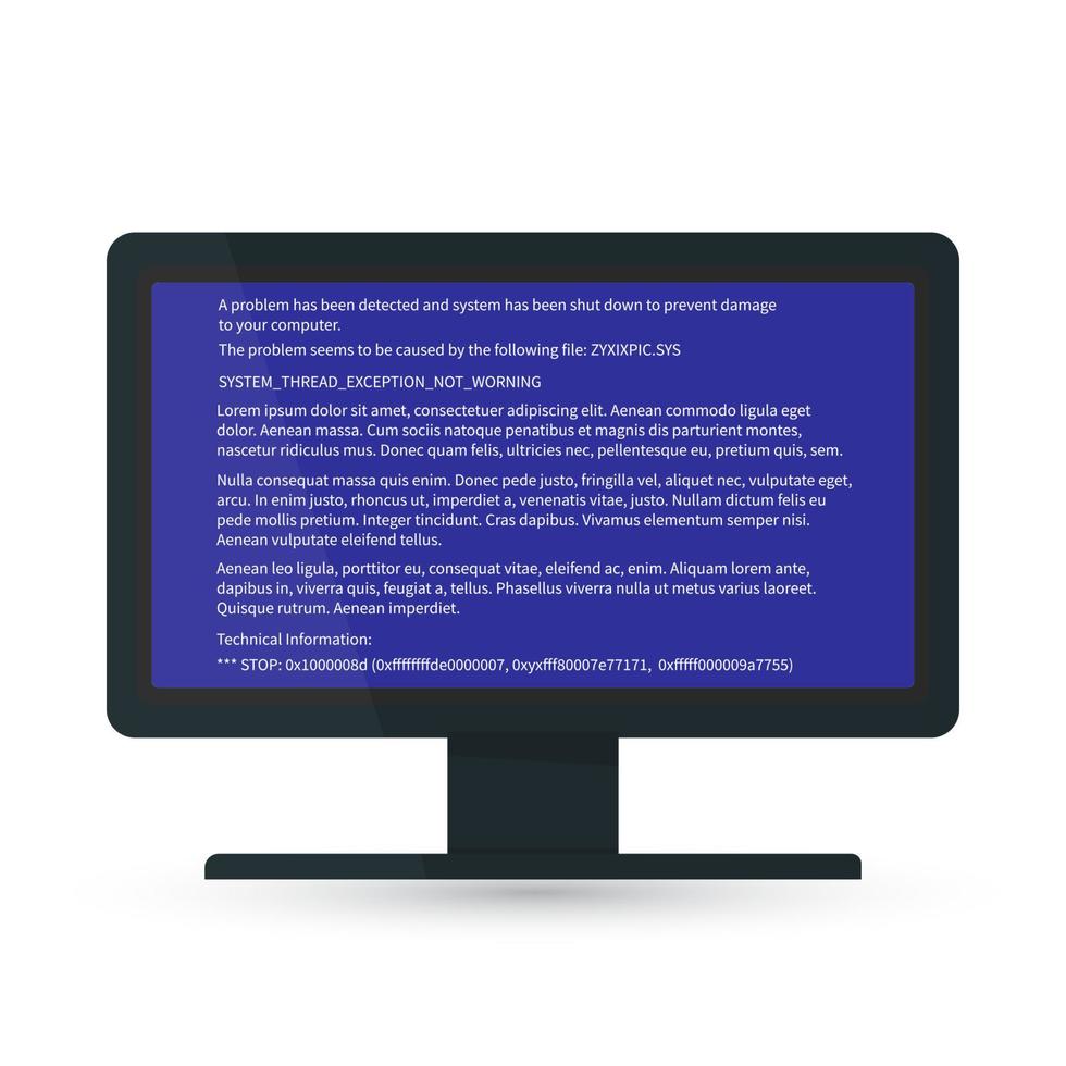 desktopmonitor met blue screen of death bsod. systeem crash rapport. fatale fout van software of hardware. gebroken computer vectorillustratie. vector