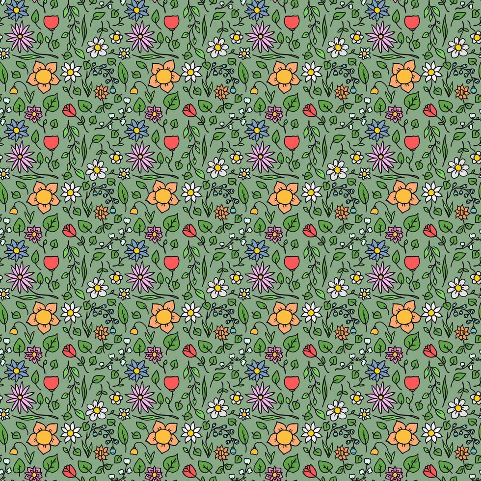 kleurrijk naadloos bloemen vectorpatroon. doodle vector met bloemmotief op groene achtergrond. vintage bloemenpatroon