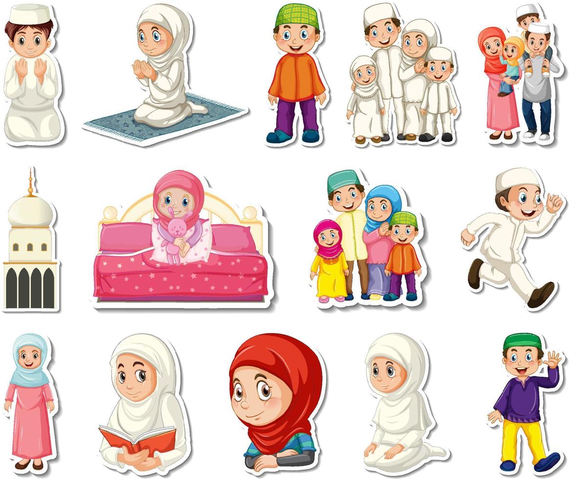 stickerset van islamitische religieuze symbolen en stripfiguren vector