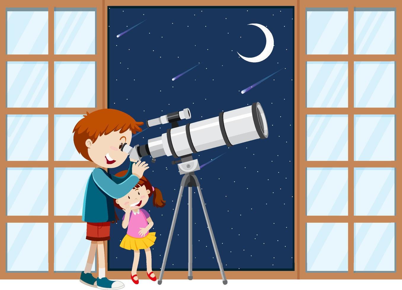 kinderen observeren de nachtelijke hemel met een telescoop vector