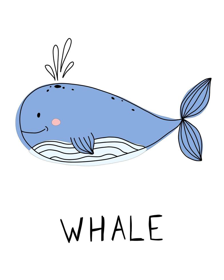 schattige walvis geïsoleerd met doodle zee, oceaan. hand getekende onderzeese dierlijke tekst. vector