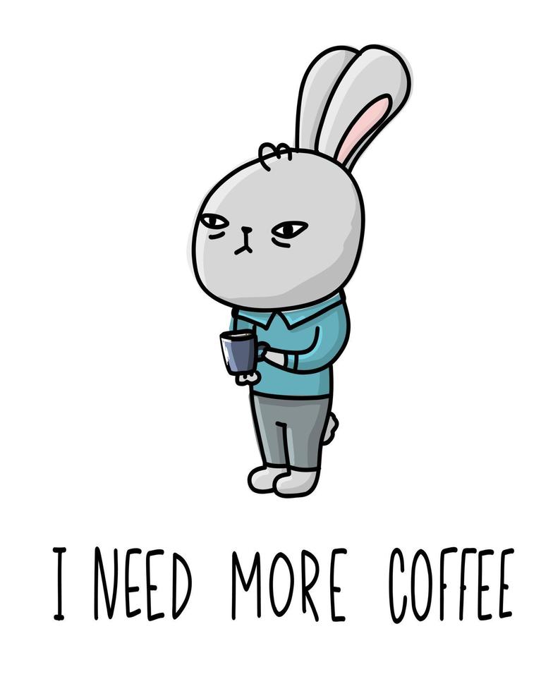 het konijn zegt dat je meer koffie nodig hebt. schattig konijn ansichtkaart, poster, achtergrond. hand getekende vectorillustratie. vector
