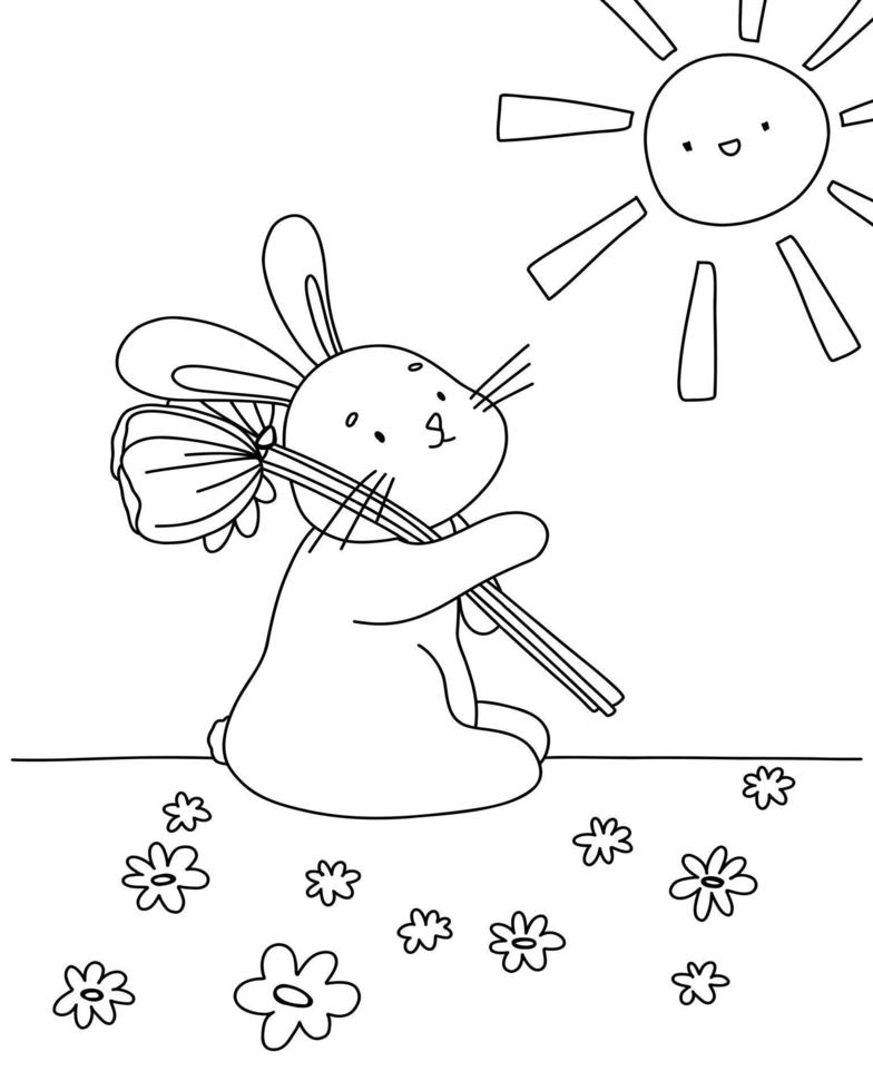 schattige bloemen cartoon huisdier konijn. kleurboek dierlijk konijntje met boeket geïsoleerd. vector