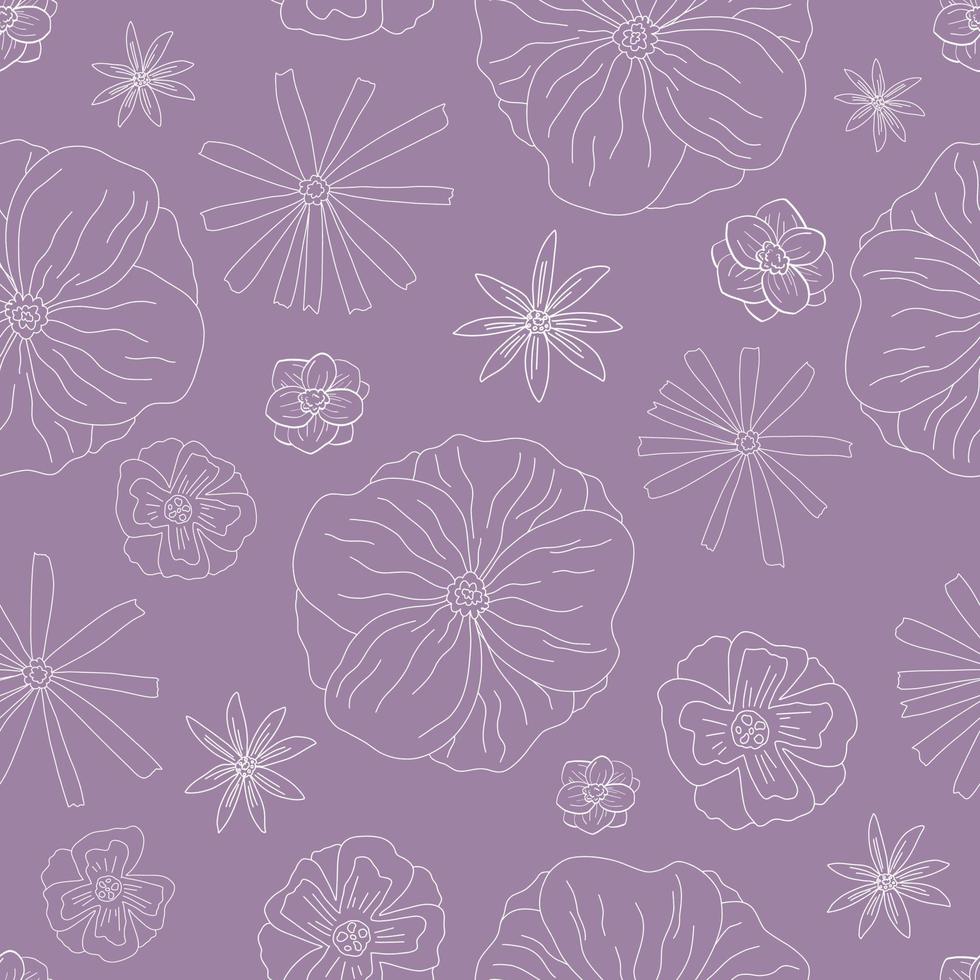 hand getrokken doodle violet abstract naadloos behang met witte lijn bloemen. schattig paars vectorpatroon voor papier, stof, boek, slaapkamer, kinderen. vector