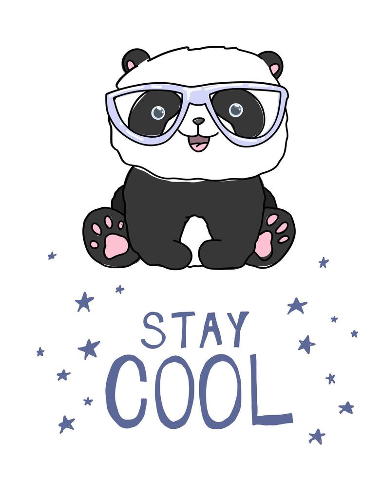 schattige kleine panda met tekst blijf cool. baby dieren illustratie voor kinderen. doodle harten achtergrond geïsoleerd. vector