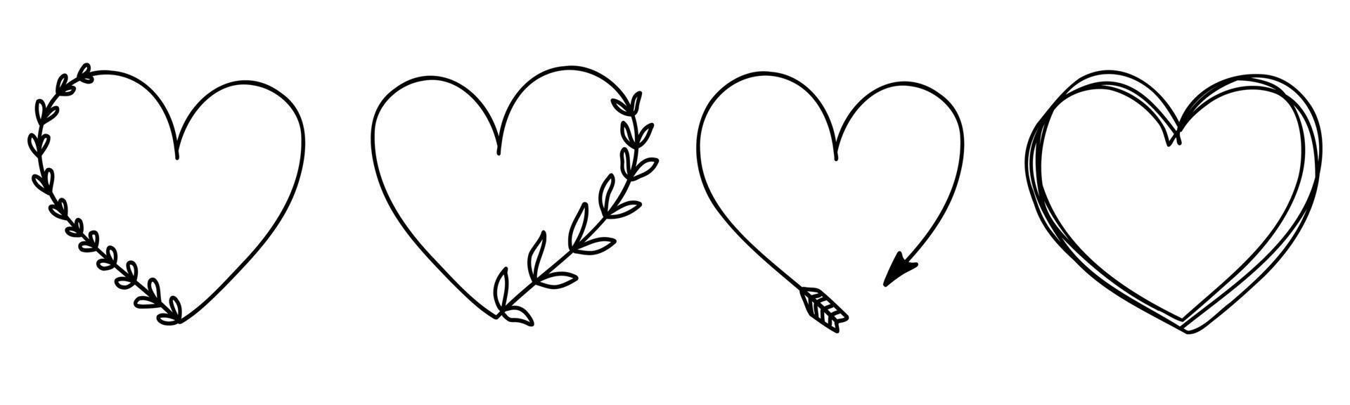 doodle harten frames instellen liefde hand getrokken. Valentijnsdag voor bruiloft geïsoleerde plantencollectie. vector