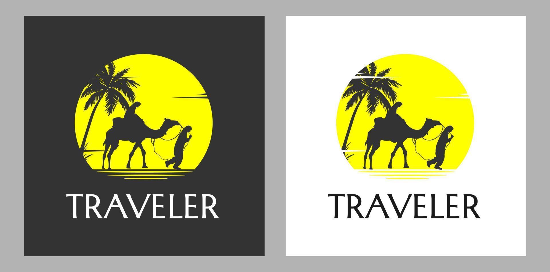 logo afbeelding van een man die een kameel leidt in de woestijn. gebruikt voor reizende logo's vector