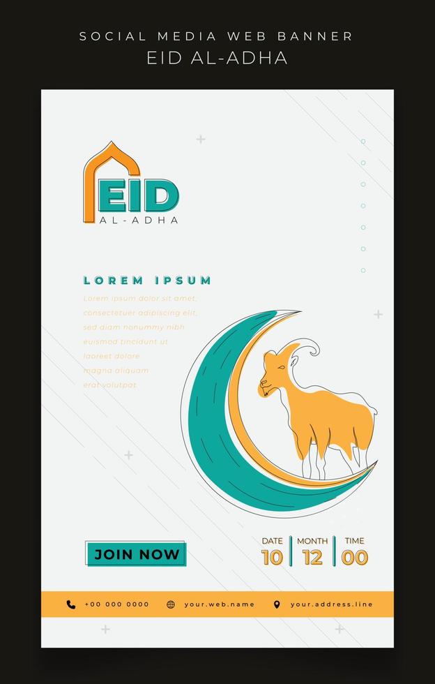 bannersjabloon voor eid al adha-vakantie met geit en halve maan in wit achtergrondontwerp vector