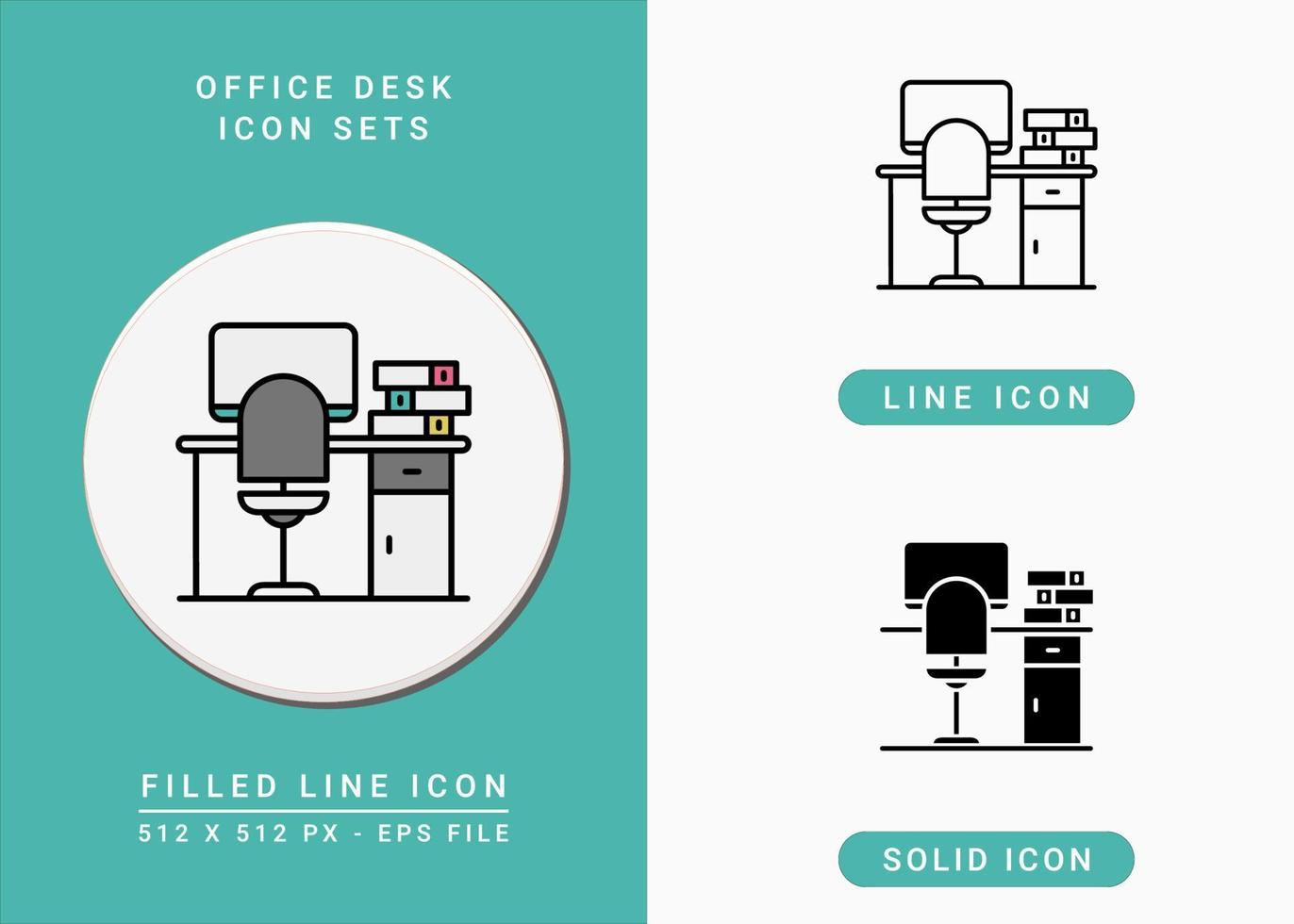 Bureau pictogrammen instellen vectorillustratie met solide pictogram lijnstijl. werkruimte symbool. bewerkbaar slagpictogram op geïsoleerde achtergrond voor webdesign, infographic en ui mobiele app. vector