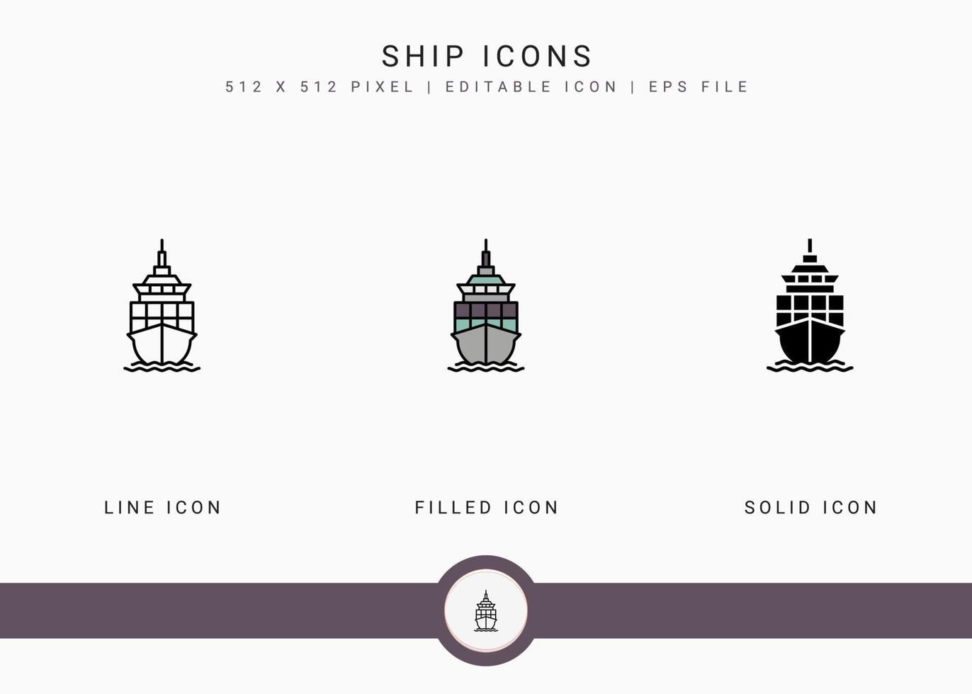 schip pictogrammen instellen vectorillustratie met solide pictogram lijnstijl. logistiek leveringsconcept. bewerkbaar lijnpictogram op geïsoleerde achtergrond voor webdesign, gebruikersinterface en mobiele app vector