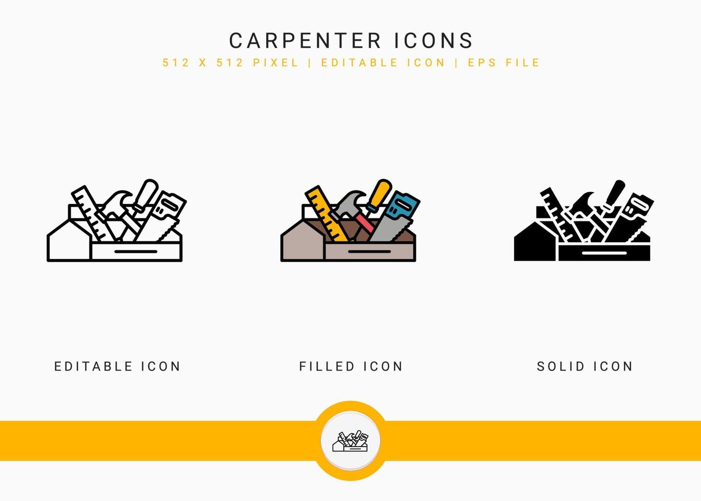 timmerman pictogrammen instellen vectorillustratie met solide pictogram lijnstijl. hamer gereedschap bouwconcept. bewerkbaar lijnpictogram op geïsoleerde achtergrond voor webdesign, gebruikersinterface en mobiele applicatie vector