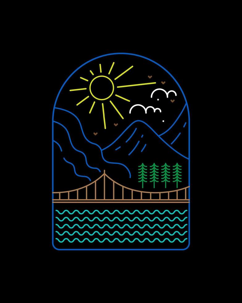 uitzicht op een brug en een berg gedurende de dag van een mono lijn - lijn kunst badge patch pin grafische illustratie vector kunst t-shirt design