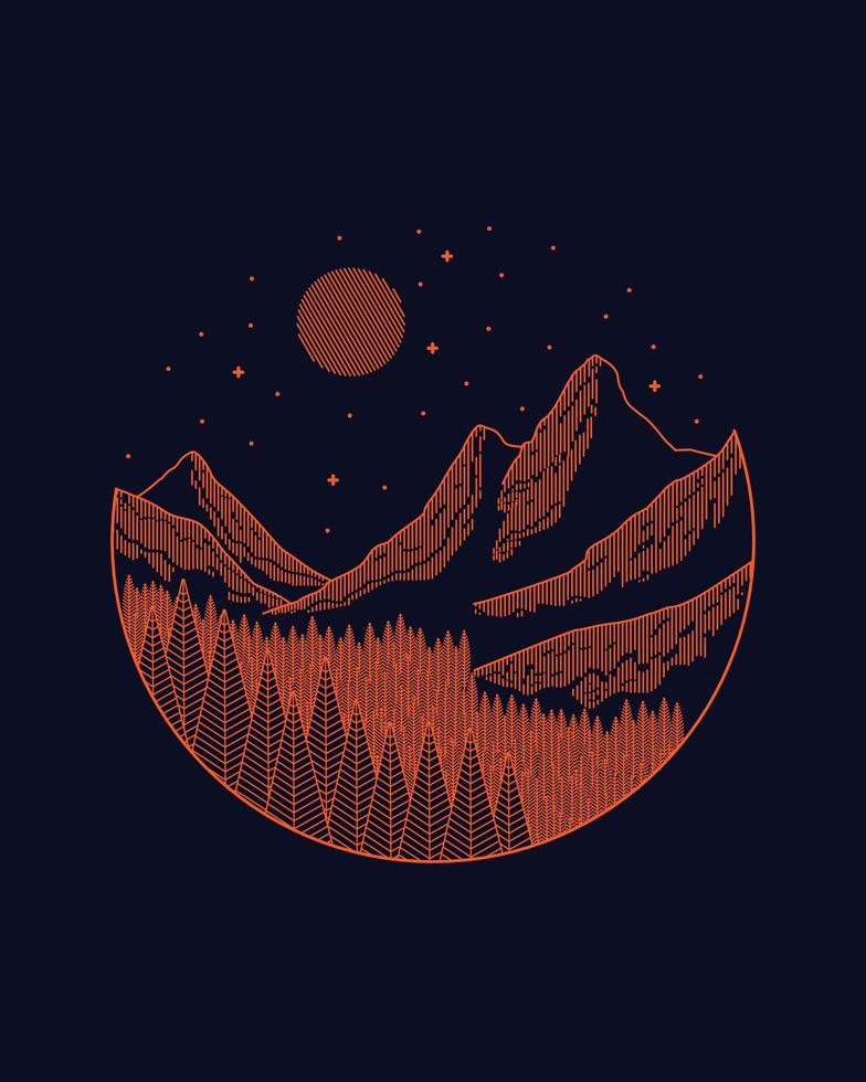 mono line landschap bergen en dennen vector voor patch, pin, graphic, art t-shirt design