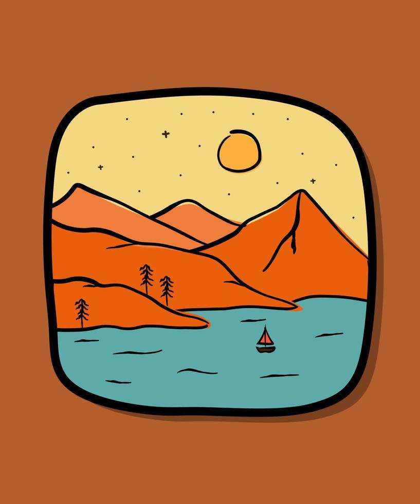 uitzicht op de bergen en de zee en een scheepsontwerp van lijn badge patch pin grafische illustratie vector kunst t-shirt design