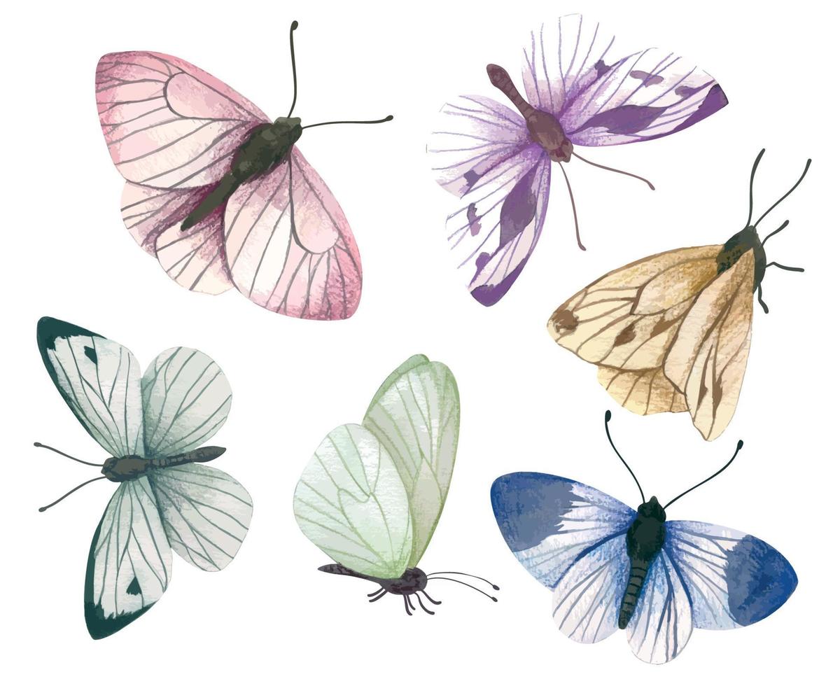 set van zes pastel vlinders, met de hand getekende vector aquarel illustratie
