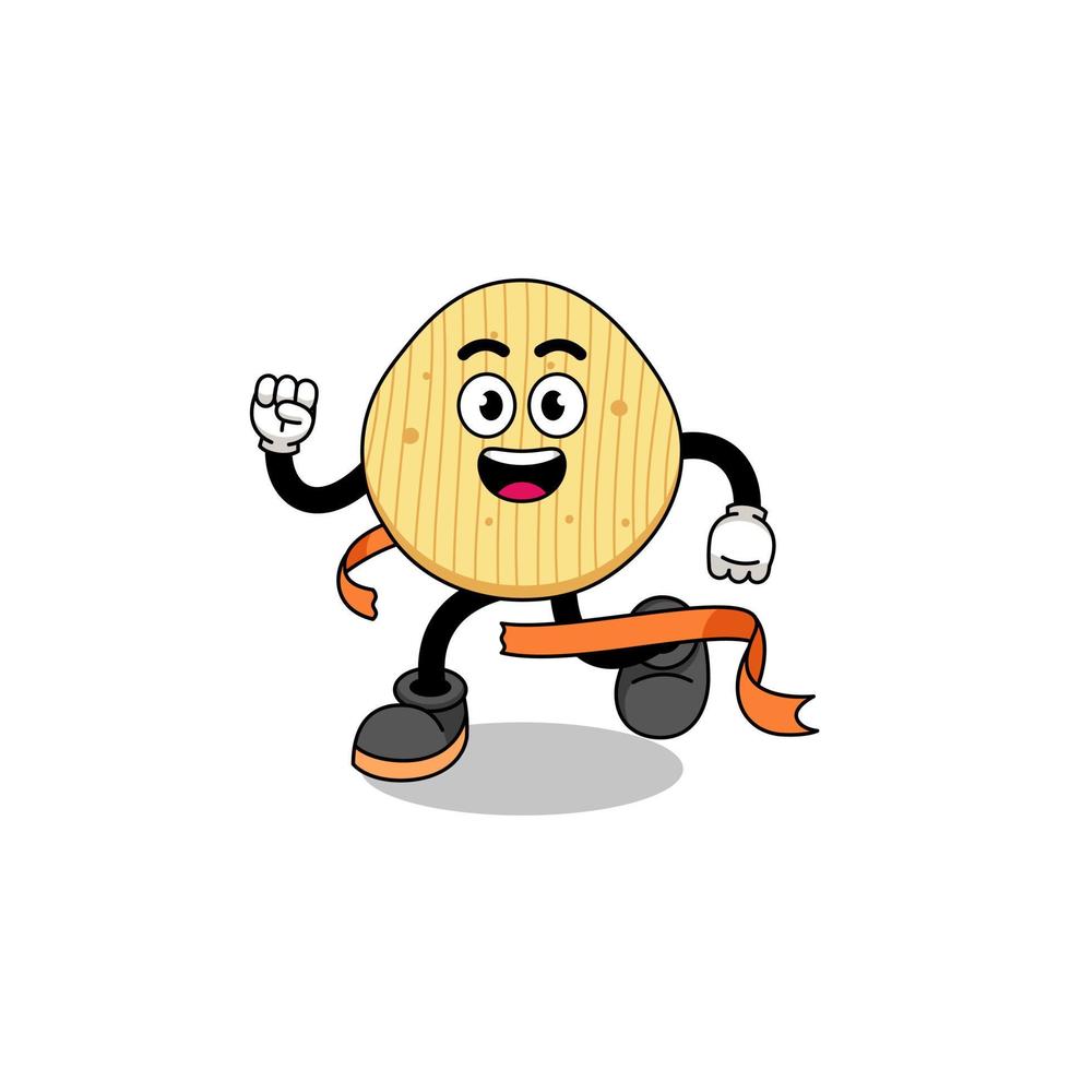 mascotte cartoon van chips die op de finishlijn lopen vector