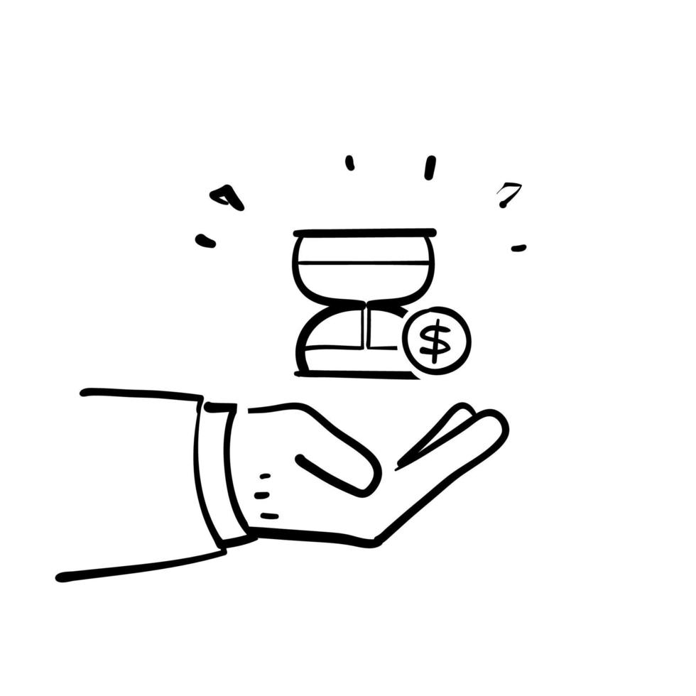 hand getrokken doodle zandloper en geld illustratie vector geïsoleerd