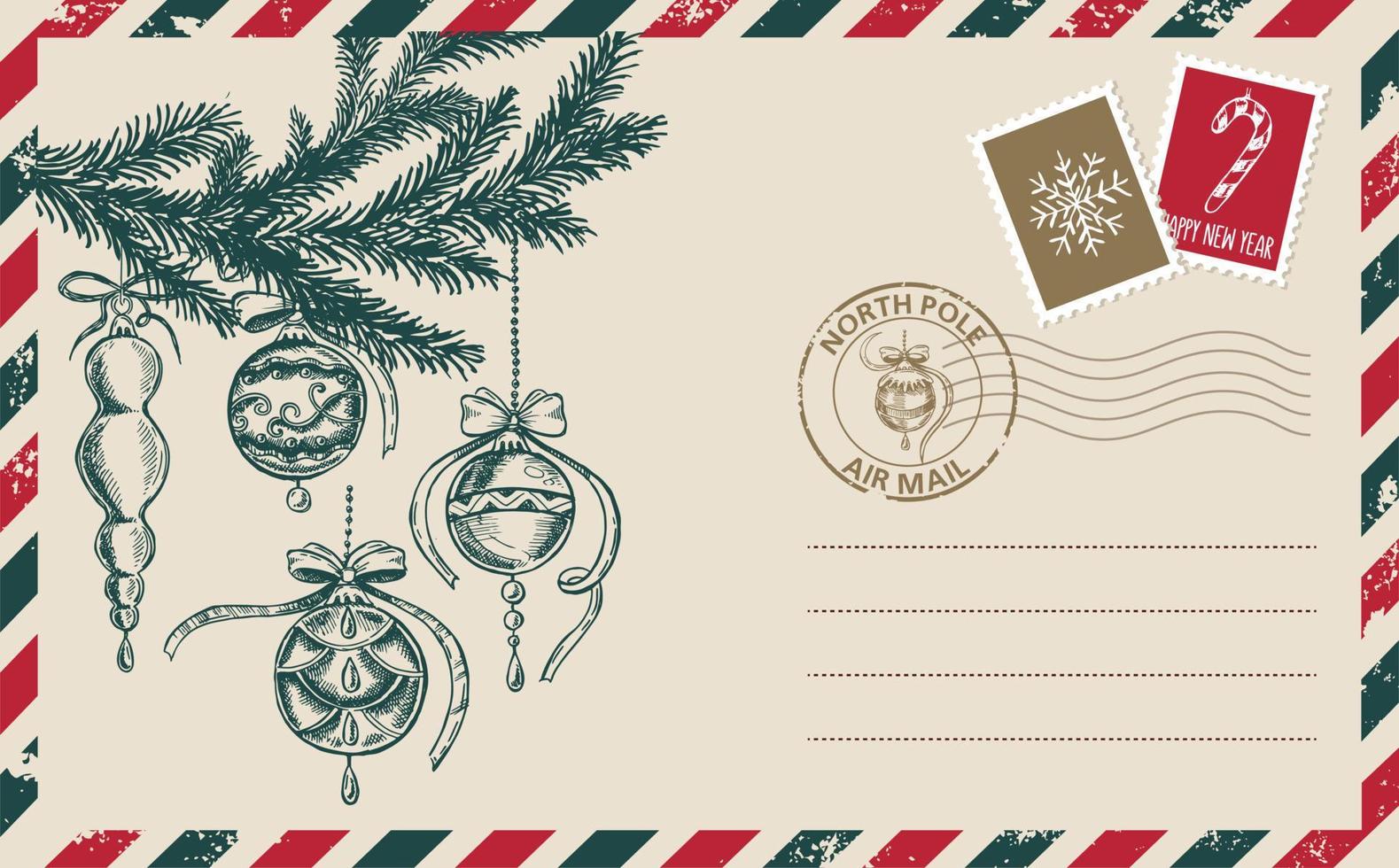 kerstpost, ansichtkaart, handgetekende illustratie. vector