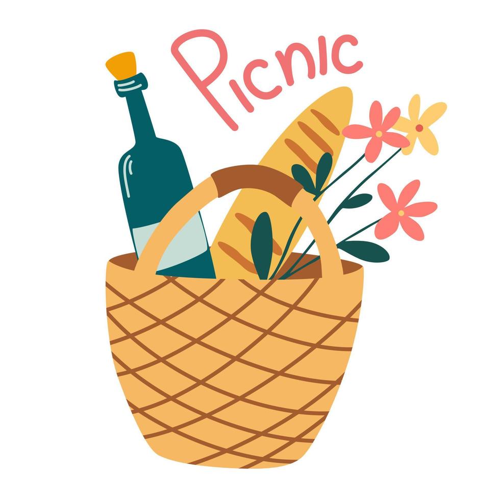 rieten picknickmand. eten in rieten krat. wijn, sapfles, kaas, fruit, broodstengels en stokbrood. lunchen, dineren in het park. hand getekende vectorillustratie vector