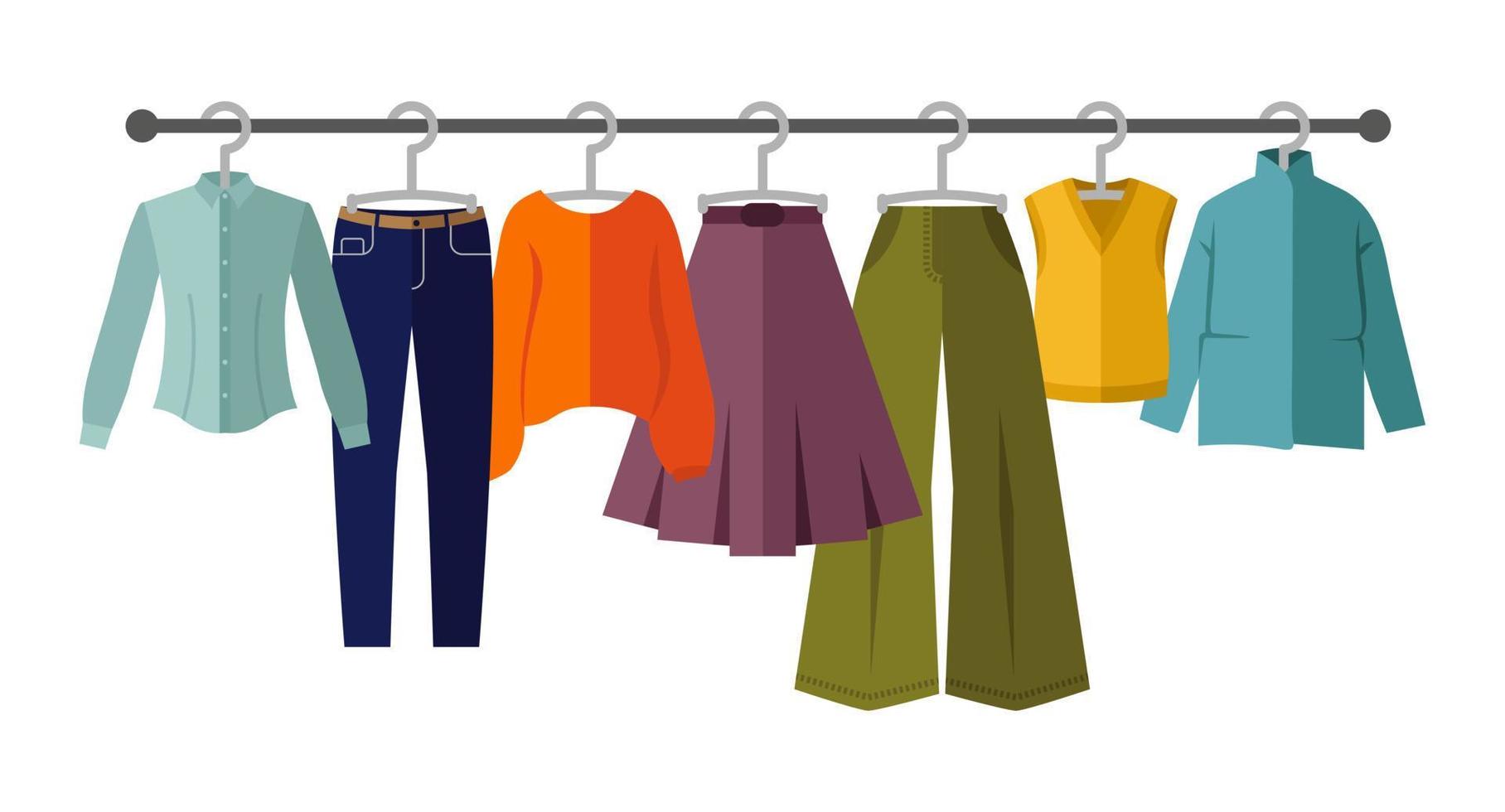 platte vectorillustratie, set kleding op een hanger. kledingwinkel, herfst- en wintergarderobe. winkelen, winkelconcept. seizoensgebonden verkoop van kleding. kleding collectie iconen set vector