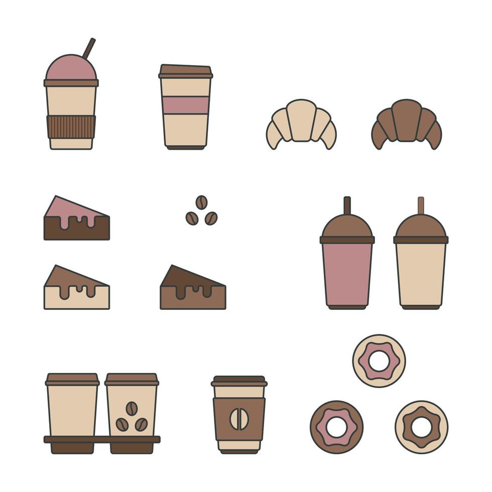 vector iconen van koffiekopjes, donuts, cake, croissants