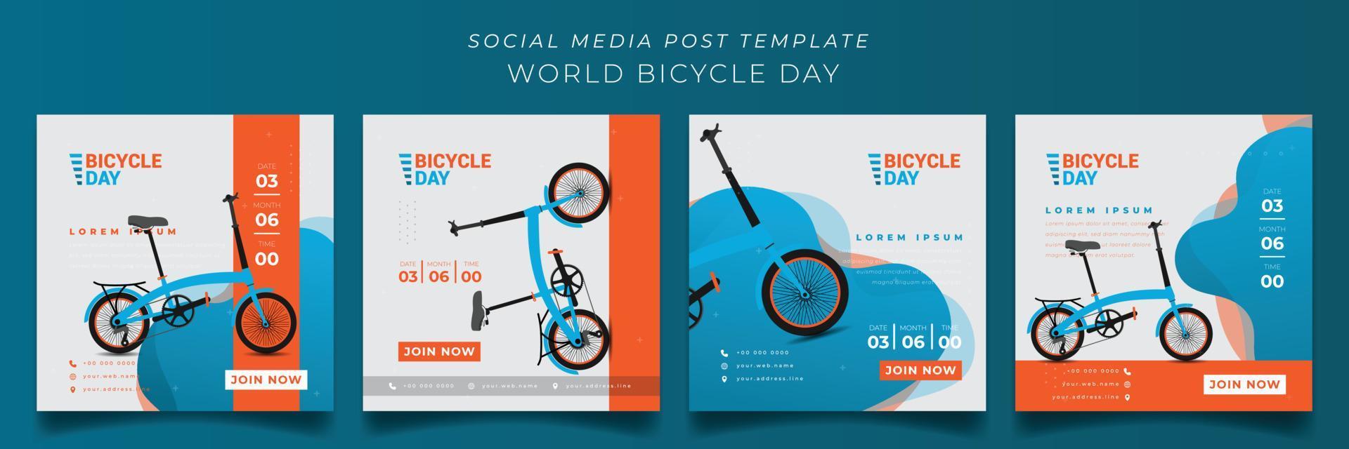 set van social media postsjabloon in groen oranje en witte achtergrond voor wereld fietsdag ontwerp vector