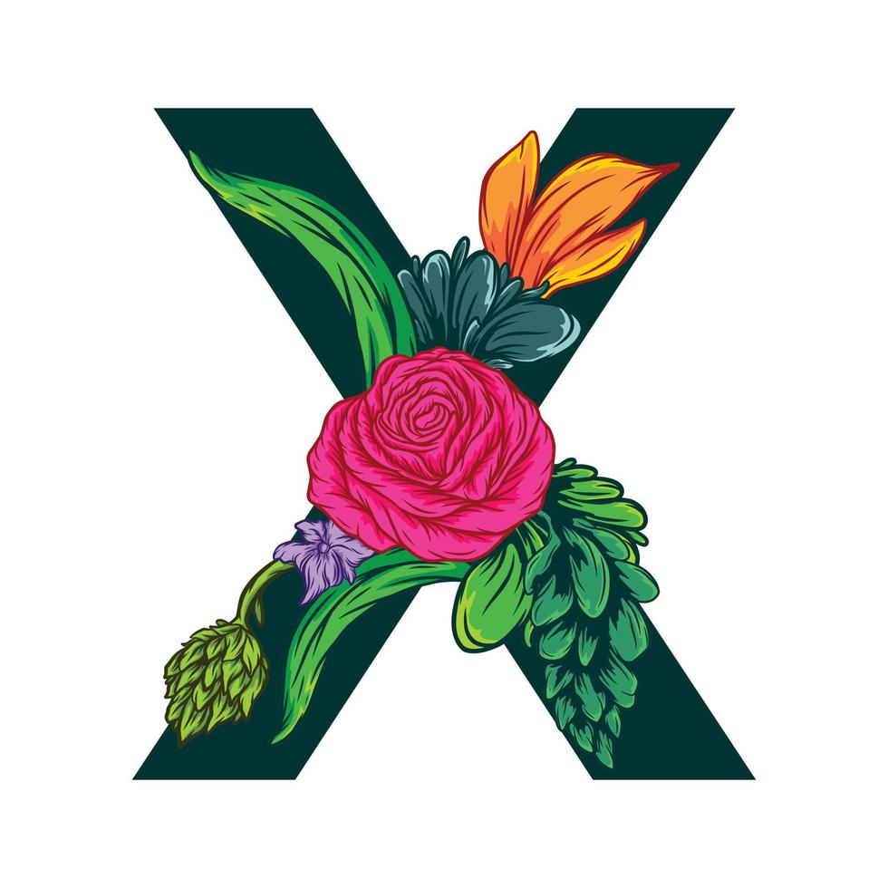 vector van de hoofdletter x met groene bladeren en bloemenpatronen - groteske style.eps