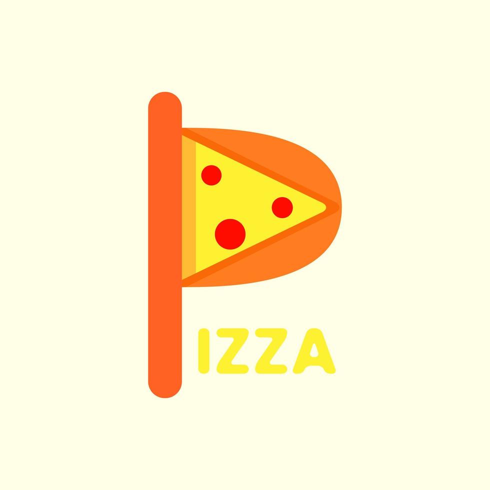 letter p en pizza logo concept. plat, eenvoudig, modern en schoon logo. geel, oranje en bruin. geschikt voor logo, pictogram, symbool en teken. zoals eten of restaurant logo vector