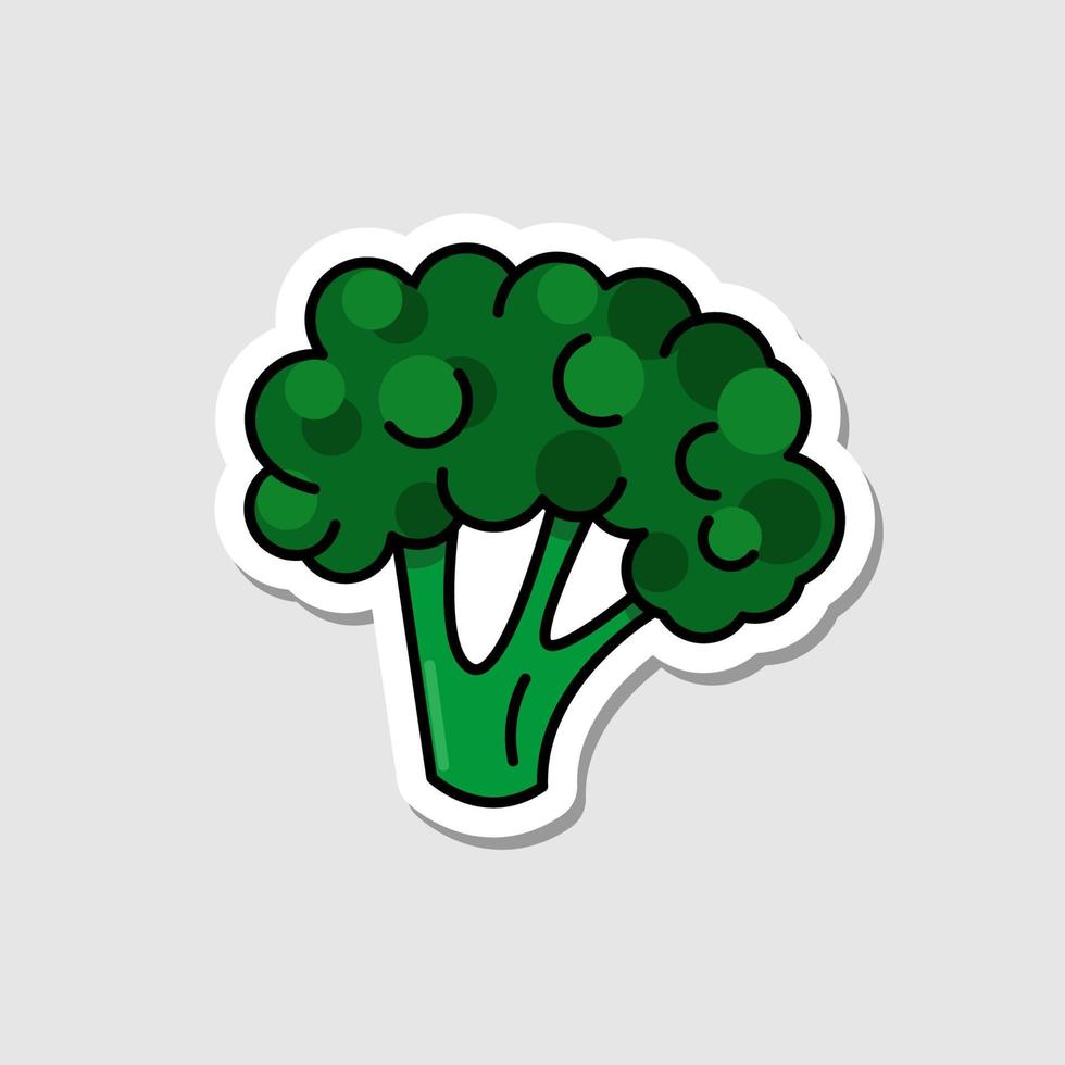 vector broccoli sticker in cartoon-stijl. geïsoleerde groente met schaduw. plat eenvoudig pictogram met zwarte lijnen.