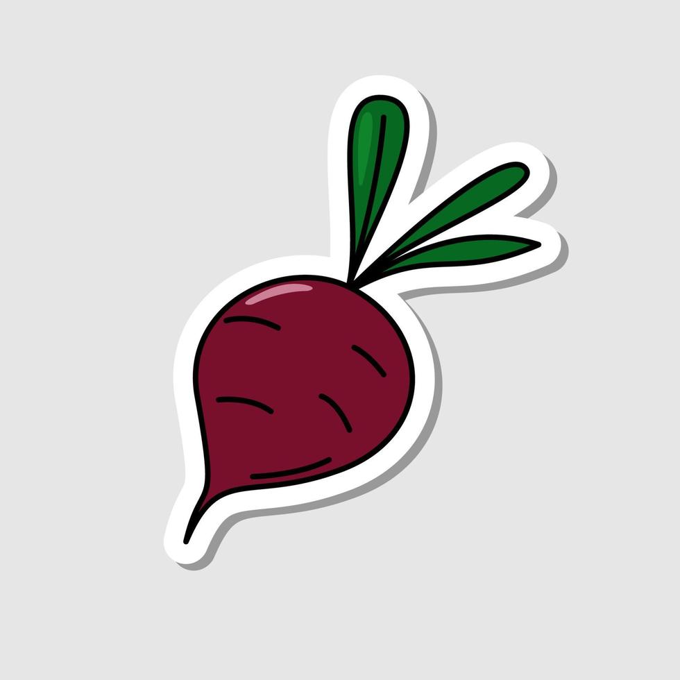 vector rode biet sticker in cartoon-stijl. geïsoleerde groente met schaduw. plat eenvoudig pictogram met zwarte lijnen.