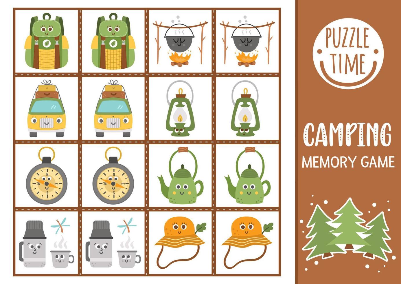 vector zomerkamp memory game kaarten met schattige lachende kawaii apparatuur. camping matching activiteit. onthoud en vind de juiste kaart. eenvoudig afdrukbaar werkblad voor kinderen in het wild.