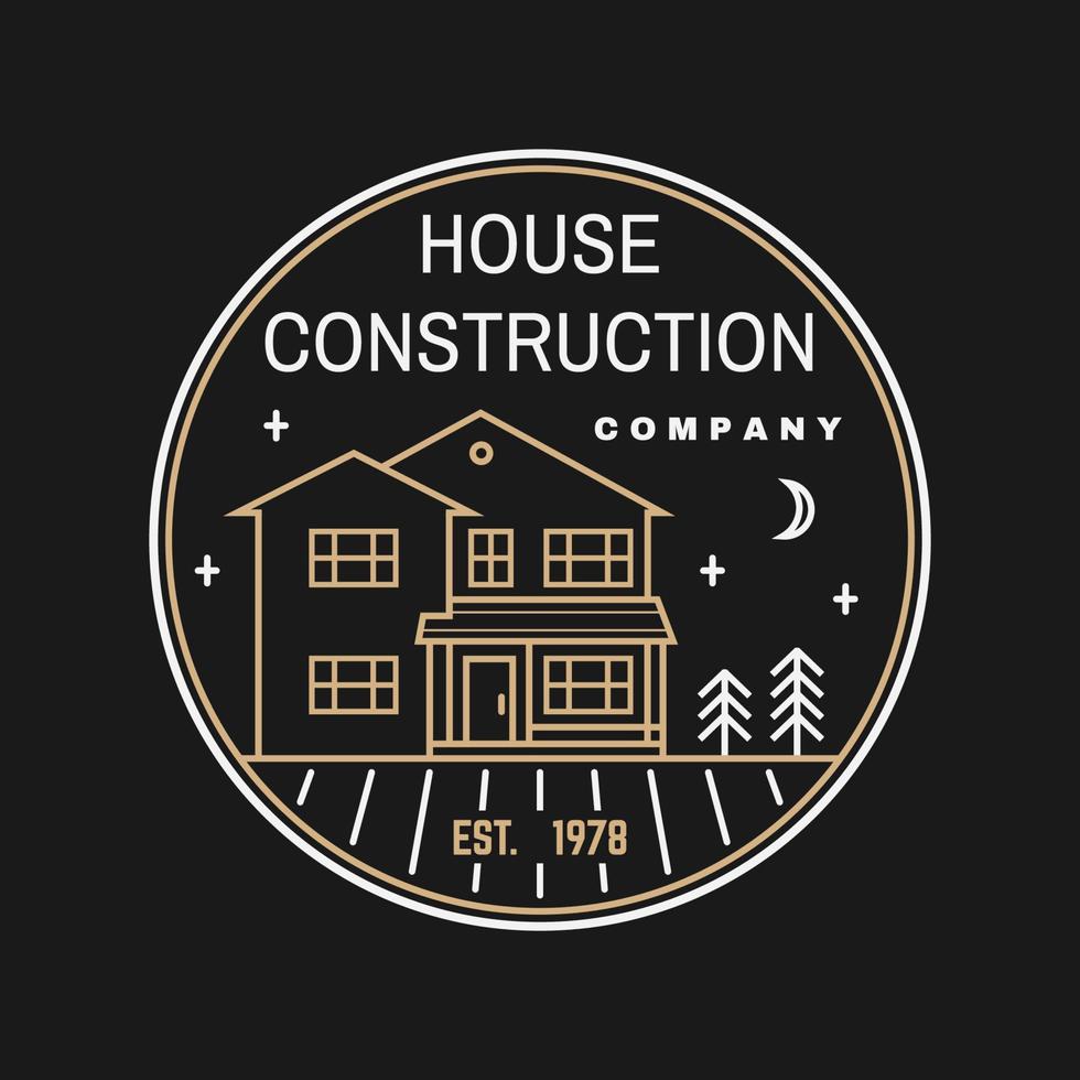 identiteit van het huisbouwbedrijf met Amerikaans huis in de voorsteden. vectorillustratie. dunne lijn badge, teken voor onroerend goed, bouw- en constructiebedrijf gerelateerde zaken. vector