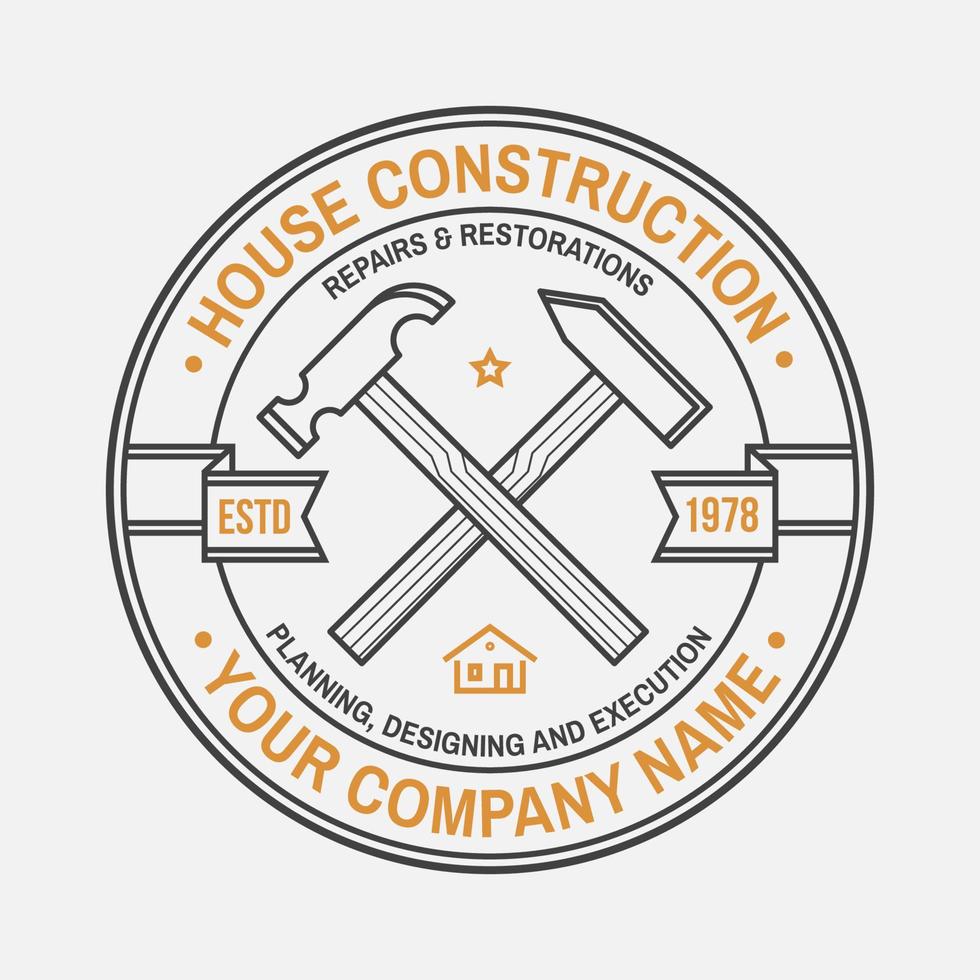 huis bouwbedrijf identiteit met gekruiste hamers. vectorillustratie. dunne lijn badge, teken voor onroerend goed, bouw- en constructiebedrijf gerelateerde zaken. vector