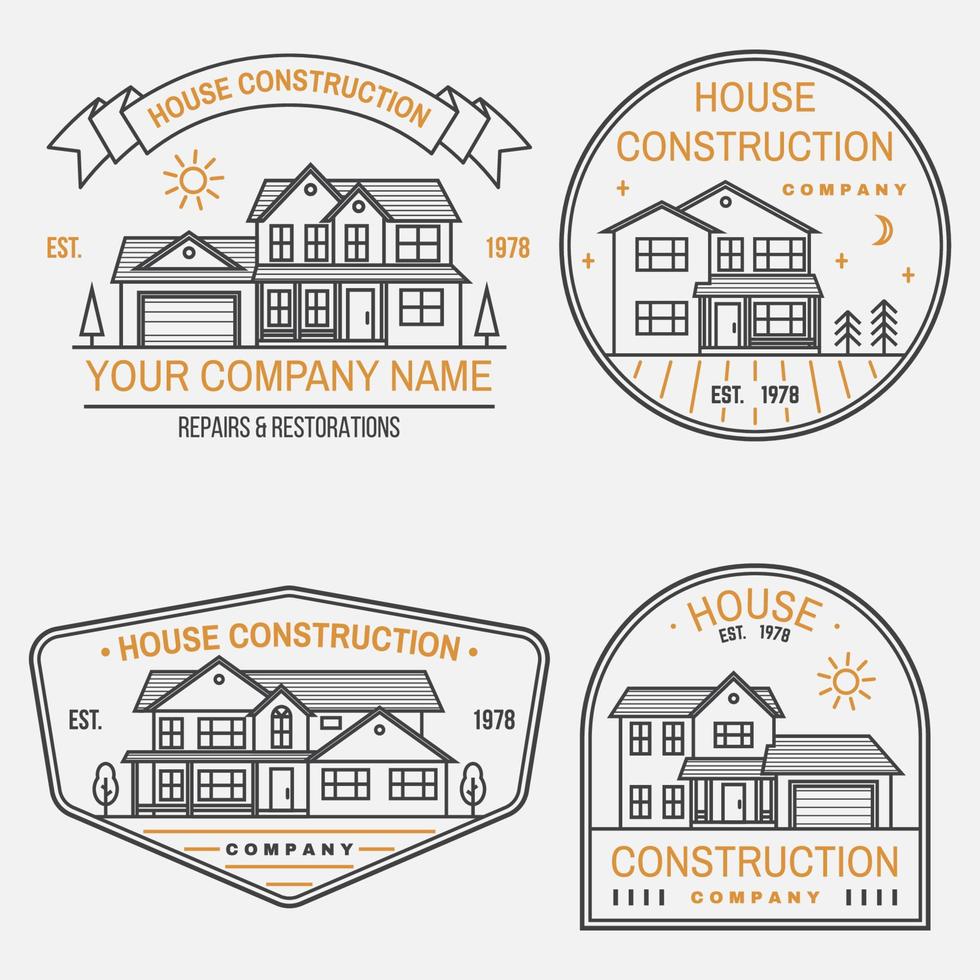 set huisbouwbedrijf identiteit met suburbane amerikaanse huis. vectorillustratie. dunne lijn badge, teken voor onroerend goed, bouw- en constructiebedrijf gerelateerde zaken. vector