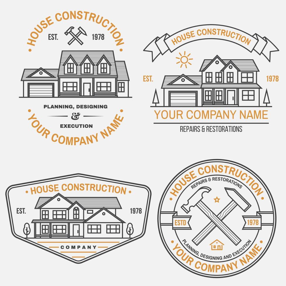 set huisbouwbedrijf identiteit met suburbane amerikaanse huis. vectorillustratie. dunne lijn badge, teken voor onroerend goed, bouw- en constructiebedrijf gerelateerde zaken. vector