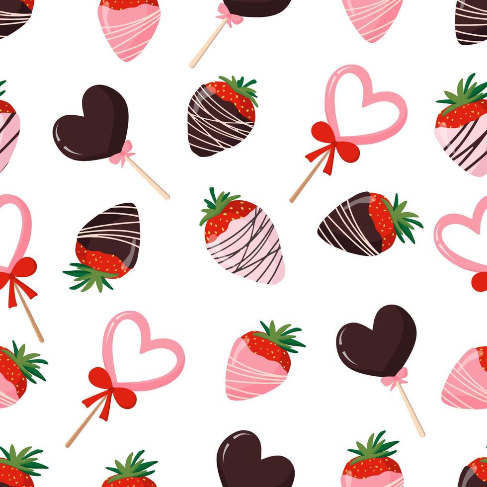 naadloos patroon met zoetwaren, snoep, met chocolade omhulde aardbeien, verschillende zoetigheden vector