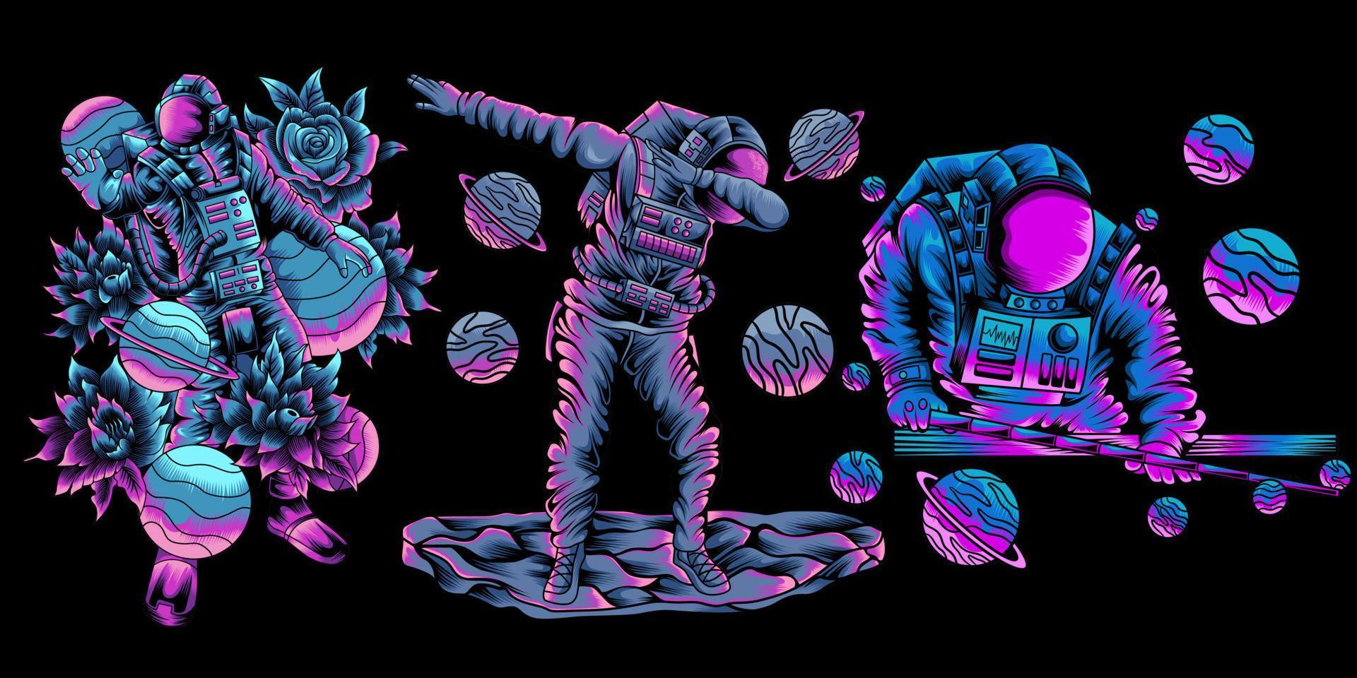 verzameling illustraties van astronaut die biljart speelt in de ruimte, deppen. hand getekende vectorillustratie vector