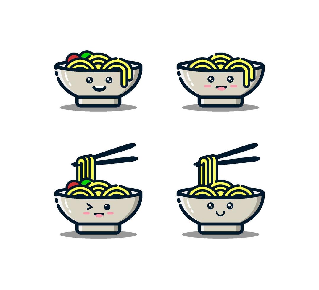 schattig noedelskarakter met eetstokjes in mbe-stijl. noedels of ramen voor logo of menu-achtergronddecoratie vector