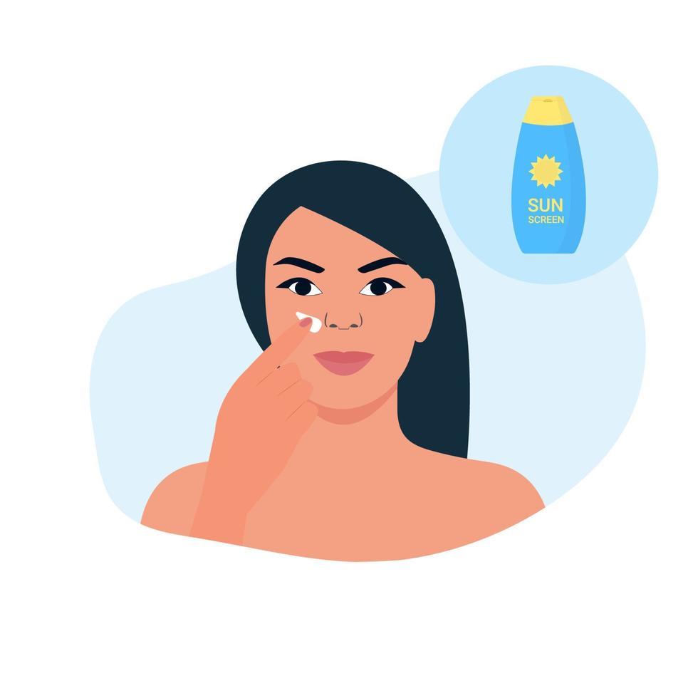 vrouw die zonnebrandcrème op het gezicht toepast. het concept van schoonheid en gezondheidsbescherming skin.vector afbeelding vector
