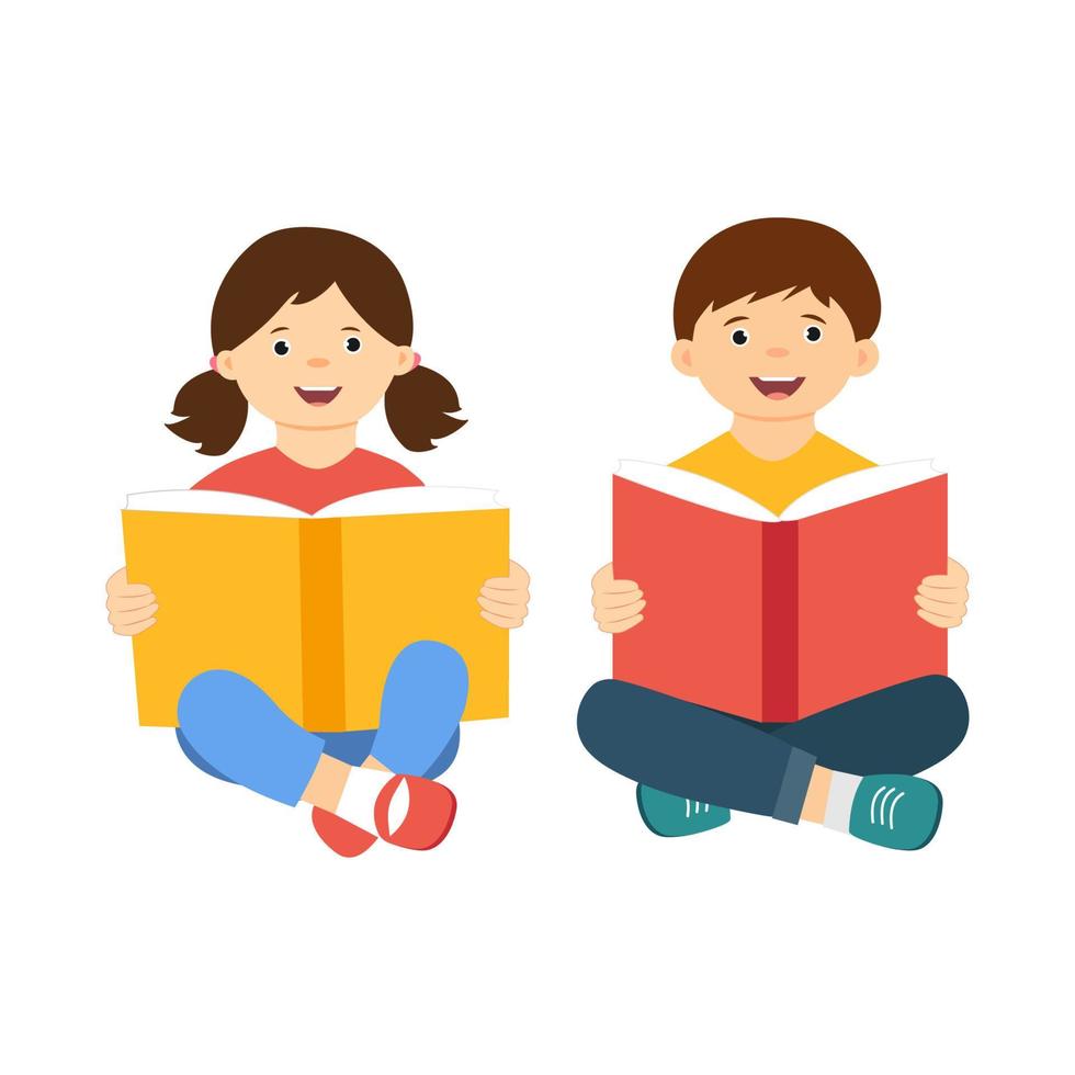 gelukkige schattige kinderen die open boeken houden en lezen. vector concept illustratie