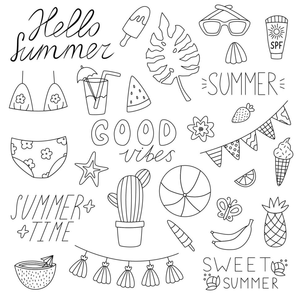 hand getrokken schets zomer schets. doodle set elementen. zomer kleurboek. cartoon vectorillustratie. vector