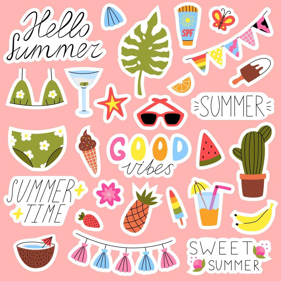 set leuke zomerstickers. schattige ananas, ijs, monstera, eten en drinken stickers. zomer belettering stickers. cartoon vectorillustratie voor zomerkaarten, posters of feestuitnodigingen vector