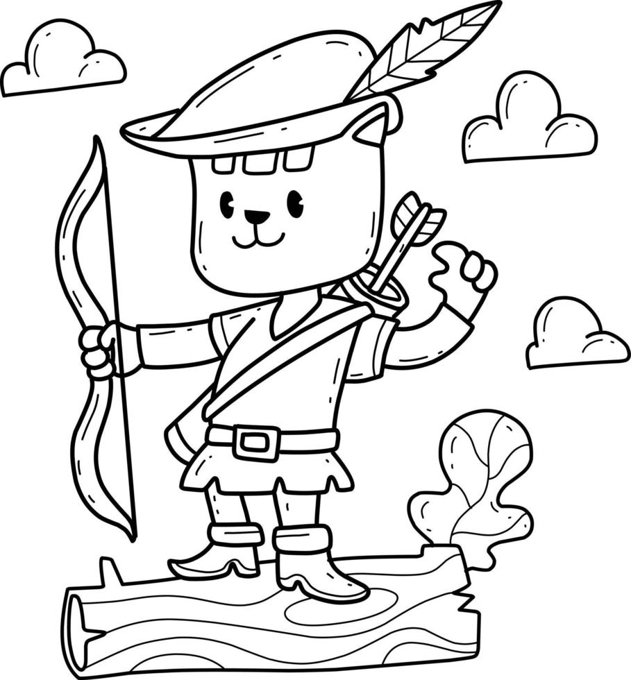 cartoon kat robin hood kleurboek. geïsoleerd op een witte achtergrond. vector