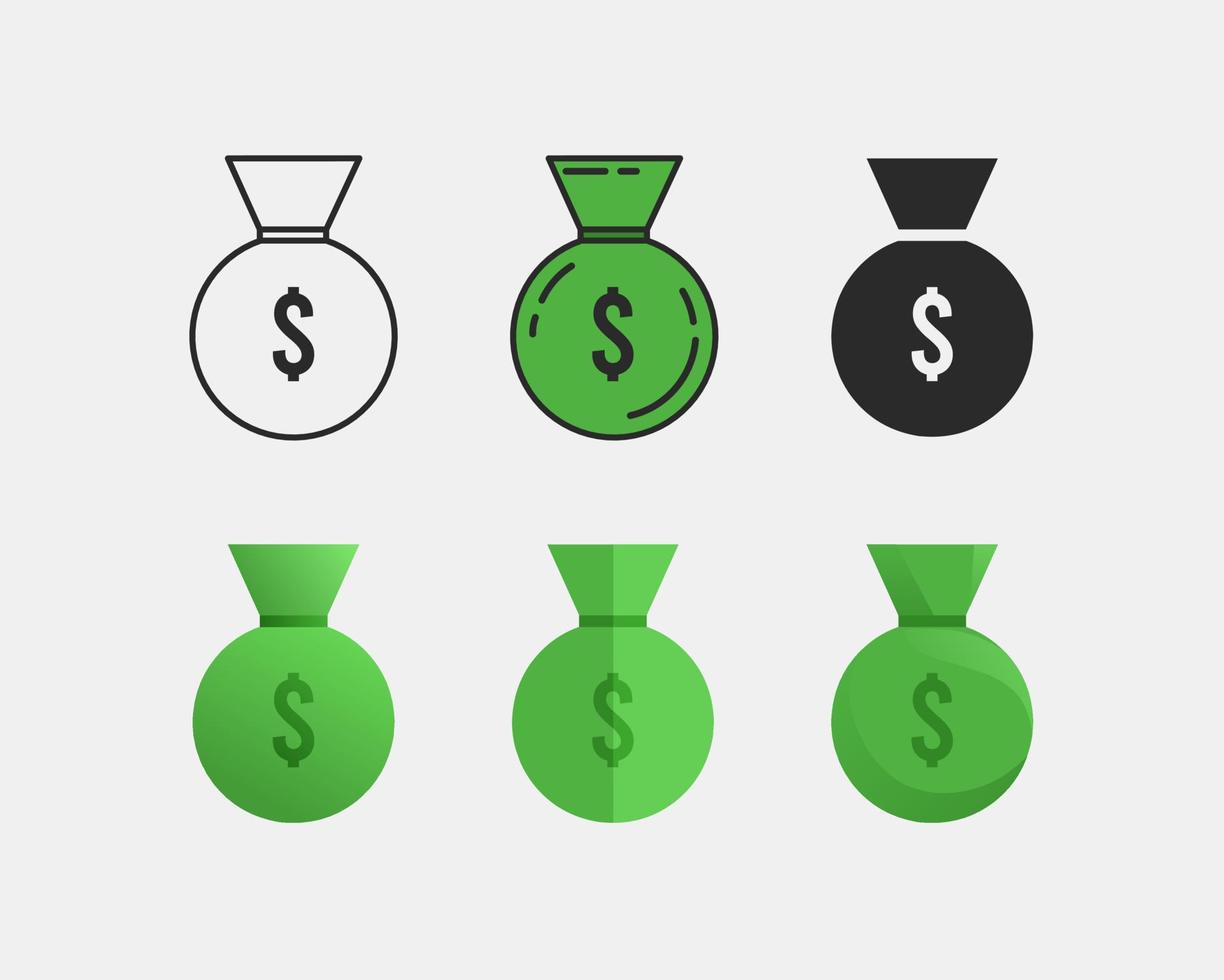 zak met dollarbiljetten vector icon set met verschillende ontwerpstijlen