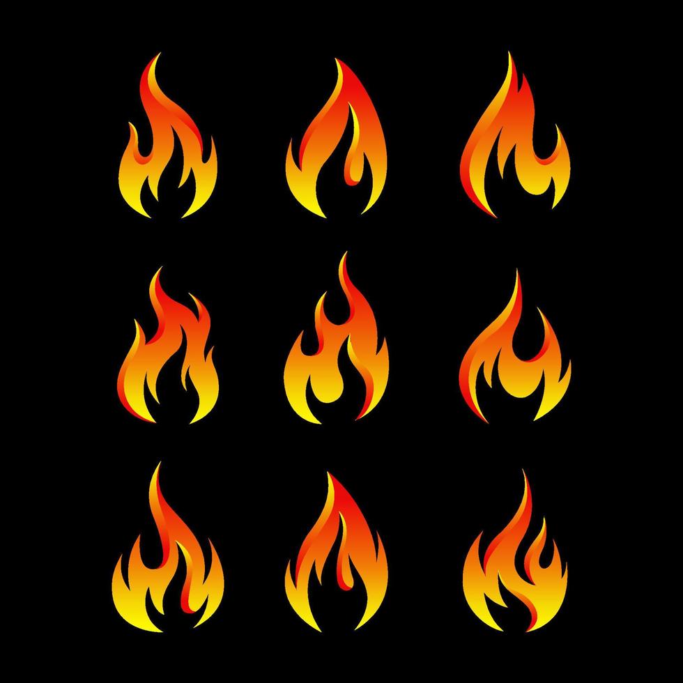 set van vuur vlammen vectorillustratie. goed voor vuur-, boos- of gevaartekens. eenvoudige gradatie kleurstijl vector