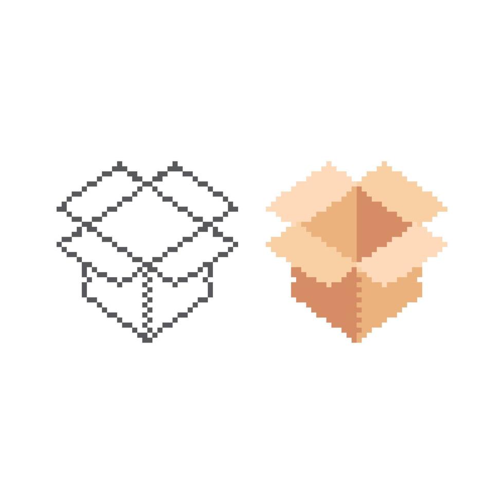 unboxing, geopende pakketdoos. pixel art 8 bit vector pictogram illustratie