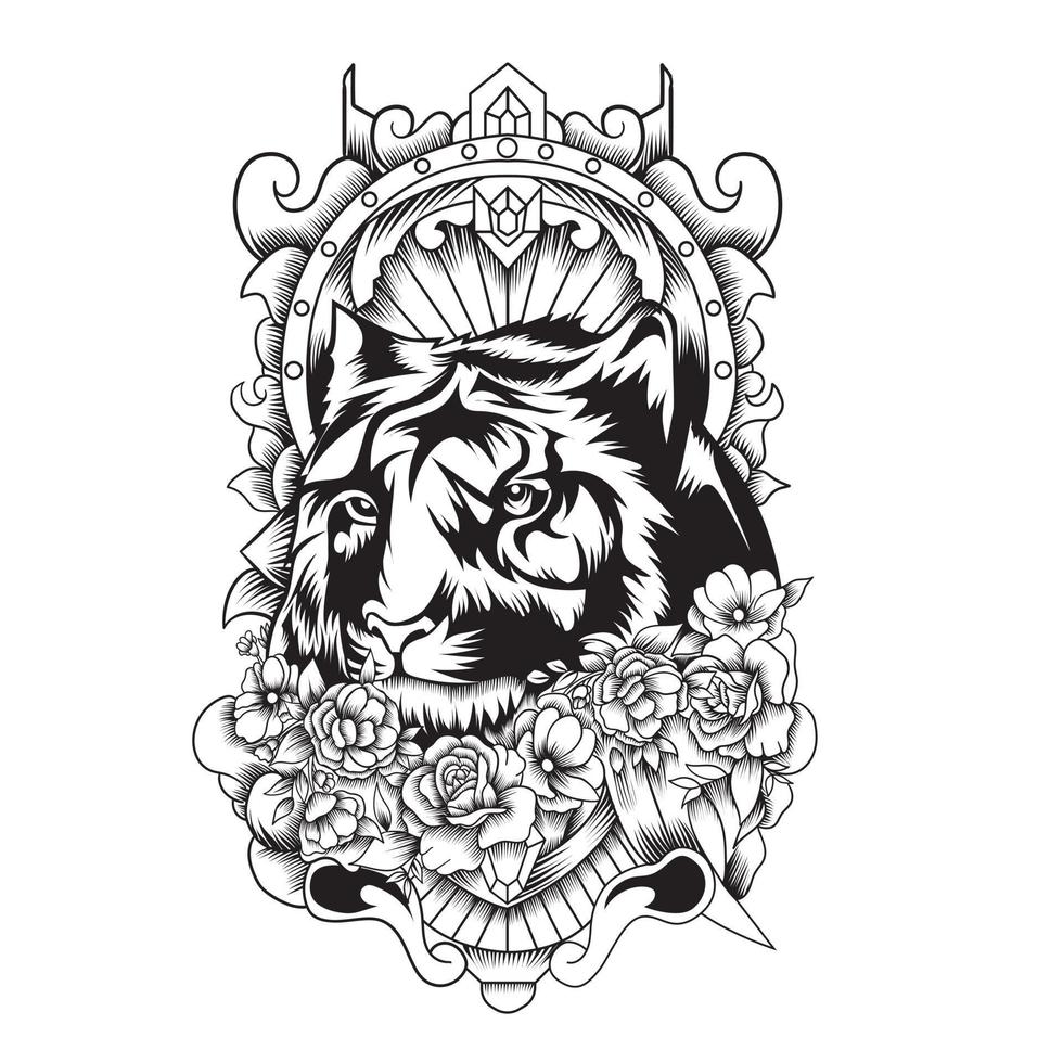 tijger hoofd met rozen en ornament vectorillustratie vector