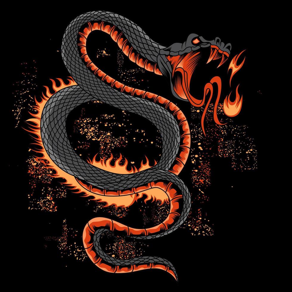 slang met vuur. kleurrijke hand getrokken vectorillustratie van slang geïsoleerd op zwarte background vector