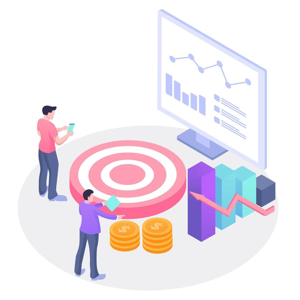 isometrisch concept, wifi-verbonden mensen, barpresentatie. bezettingsplan, werkplek voor teamsamenwerking. samen bespreken, diagram van brainstormen. rapport, verkoopdoel, marketingillustratie vector